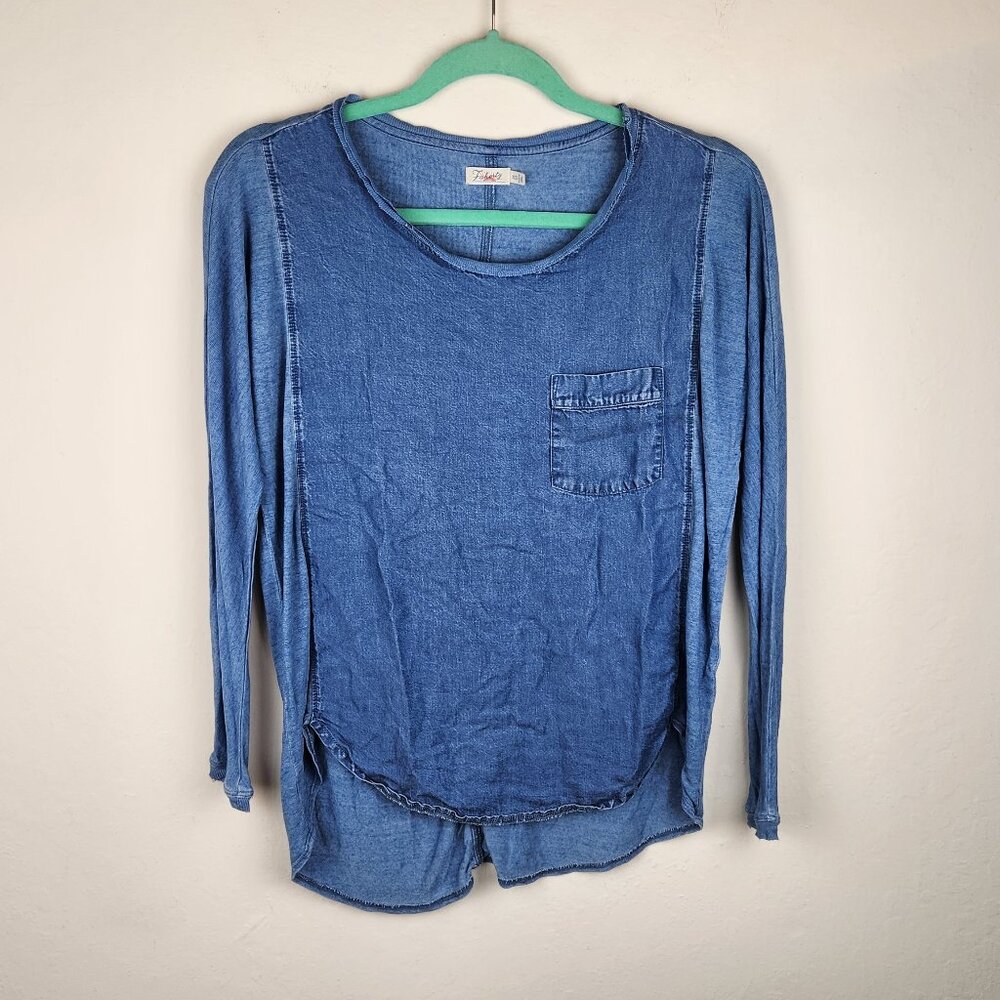Faherty Indigo Dyed Chambray Mixed Media Dolman Sleeve Pocket Tee sz XS